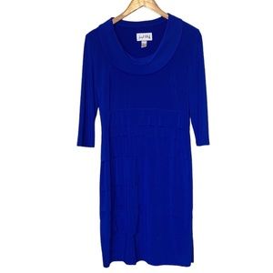 Joseph Ribkoff Blue 3/4 Sleeve Cowneck Knee Length Stretchy Fitted Dress 6